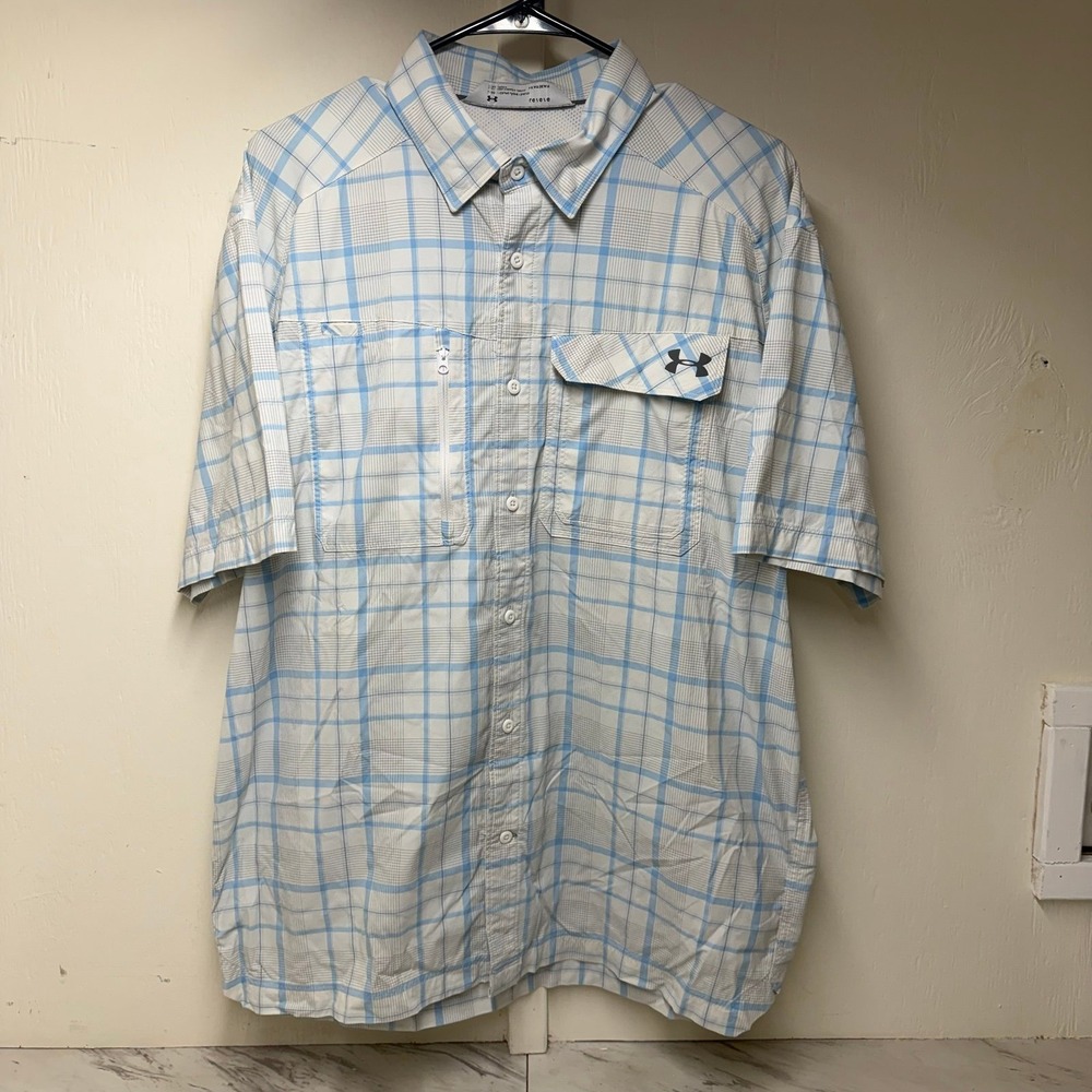 Under Armour Heat Gear Loose Men Large Vented Plaid Short Sleeve Button Up Shirt